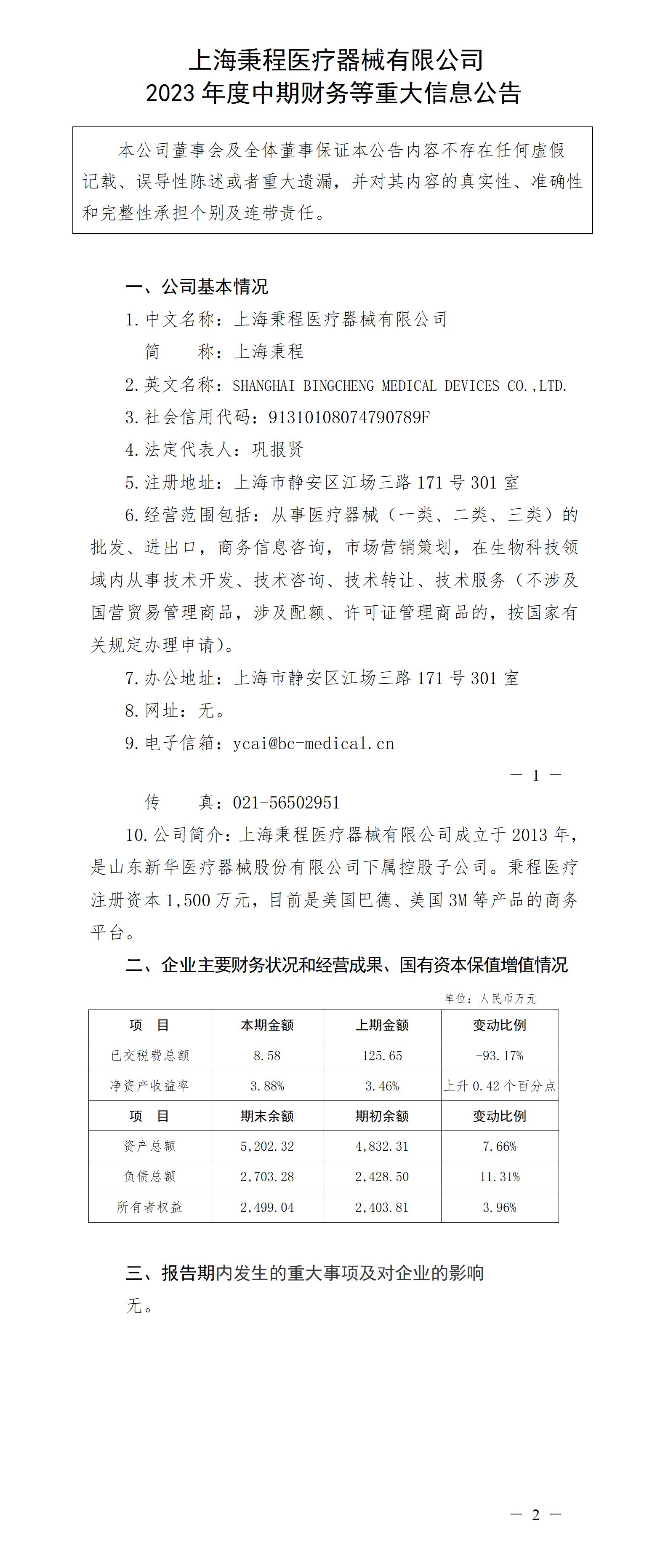 上海秉程醫療器械有限公司 2023年度中期財務等重大信息公告_01.jpg