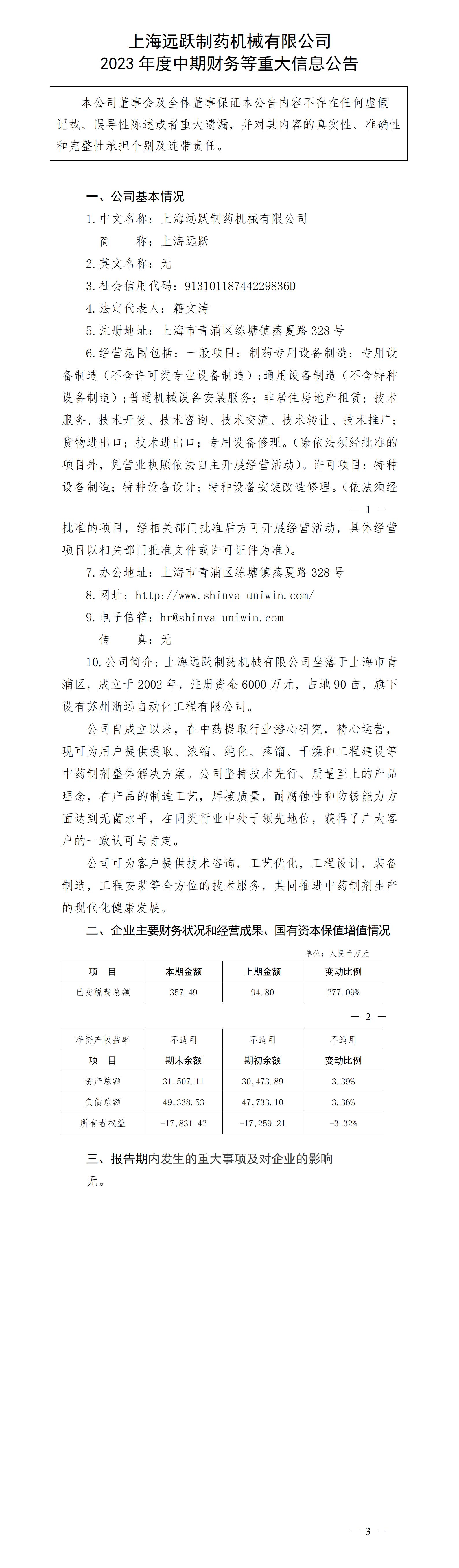 上海遠躍制藥機械有限公司2023年度中期財務等重大信息公告_01.jpg